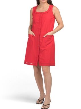 Lea Sleeveless Button-Front Red Sundress with Pockets